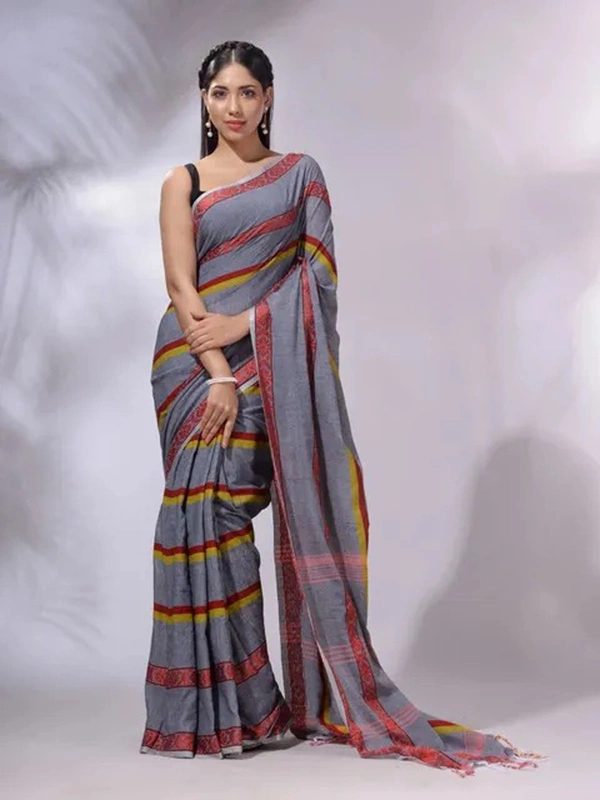 Handloom Jamdani Woven Cotton Saree - Gray, Cotton