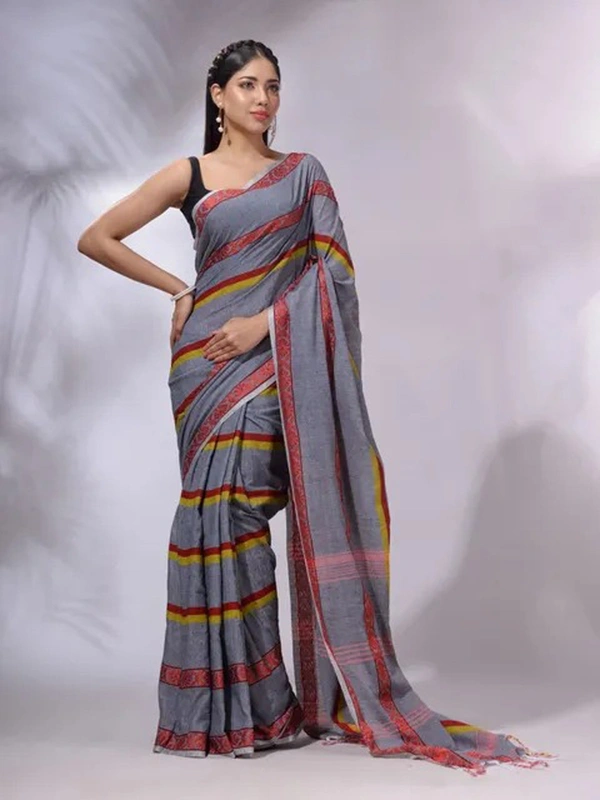 Handloom Jamdani Woven Cotton Saree - Gray, Cotton