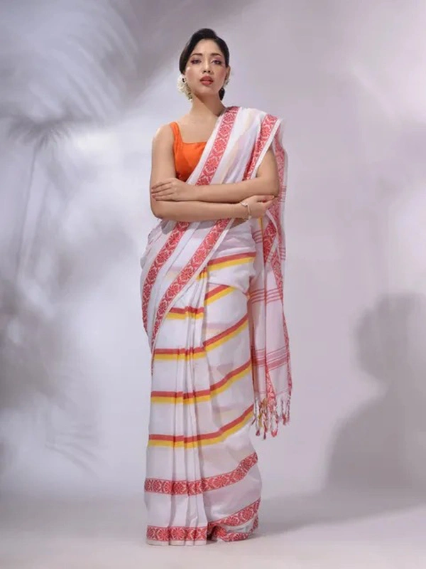 Handloom Jamdani Woven Cotton Saree - White, Cotton