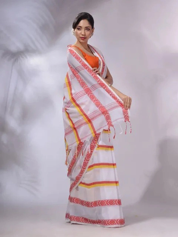 Handloom Jamdani Woven Cotton Saree - White, Cotton