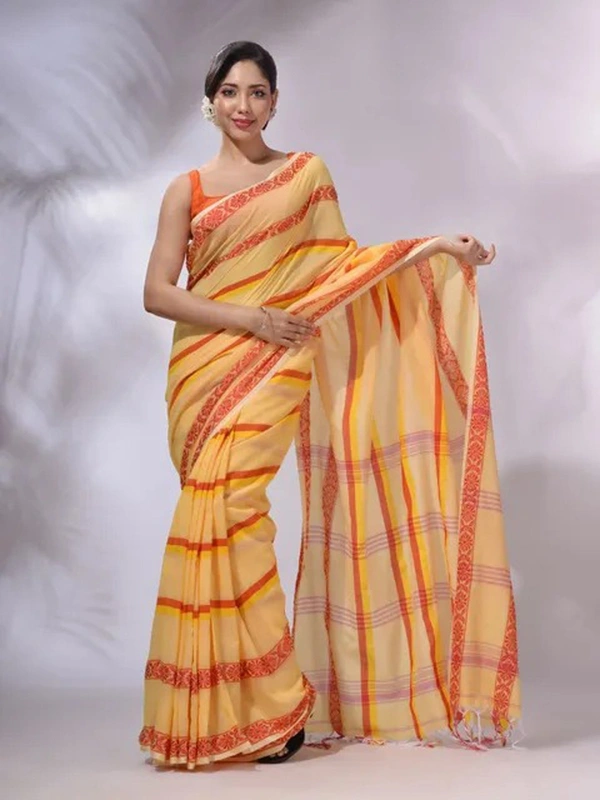 Handloom Jamdani Woven Cotton Saree - Yellow Sea, Cotton