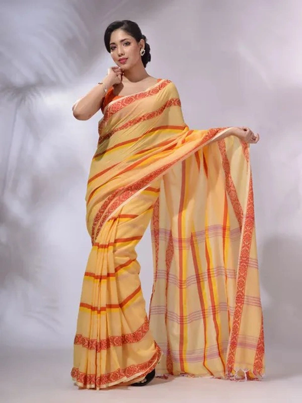 Handloom Jamdani Woven Cotton Saree - Yellow Sea, Cotton