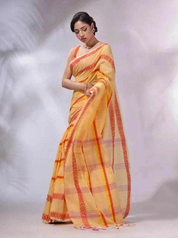 Handloom Jamdani Woven Cotton Saree - Yellow Sea, Cotton