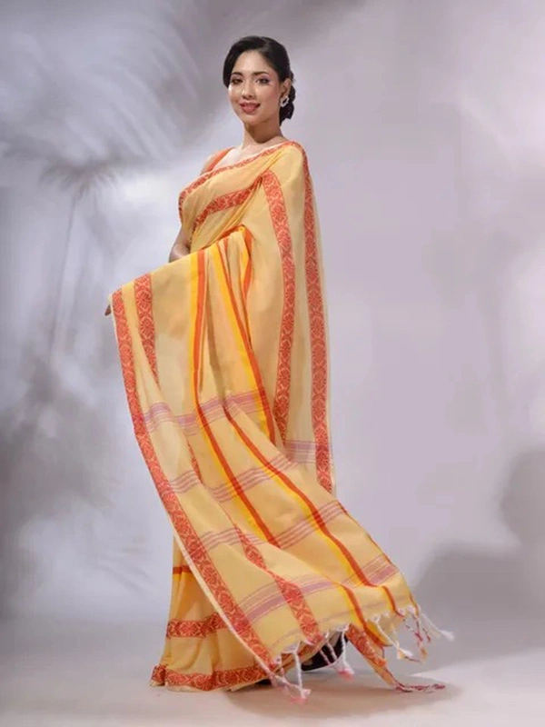 Handloom Jamdani Woven Cotton Saree - Yellow Sea, Cotton