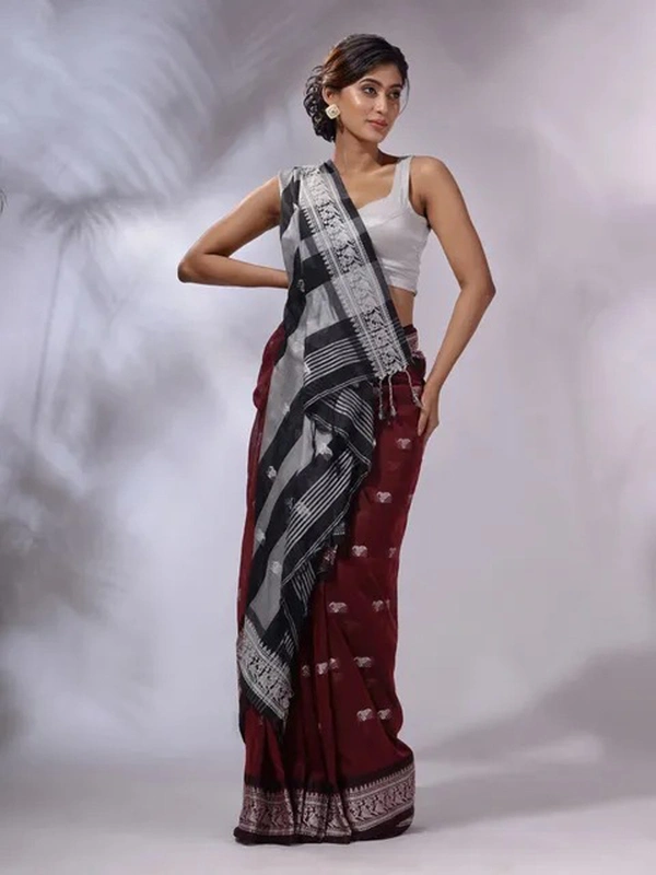 Handloom Woven Floral Work Border Saree - Buccaneer, Cotton