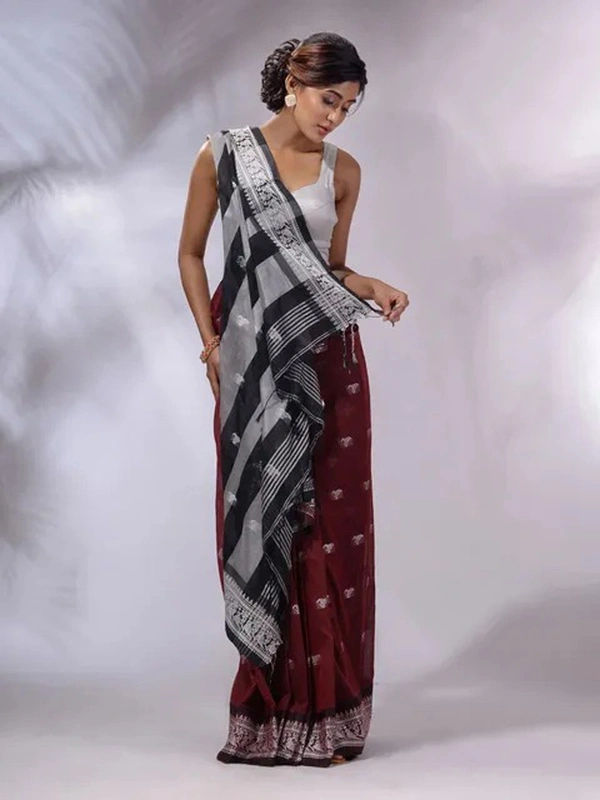 Handloom Woven Floral Work Border Saree - Buccaneer, Cotton