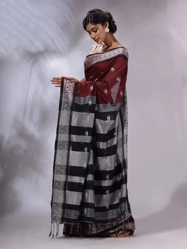 Handloom Woven Floral Work Border Saree - Buccaneer, Cotton