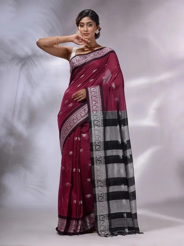 Handloom Woven Floral Work Border Saree - Maroon, Cotton