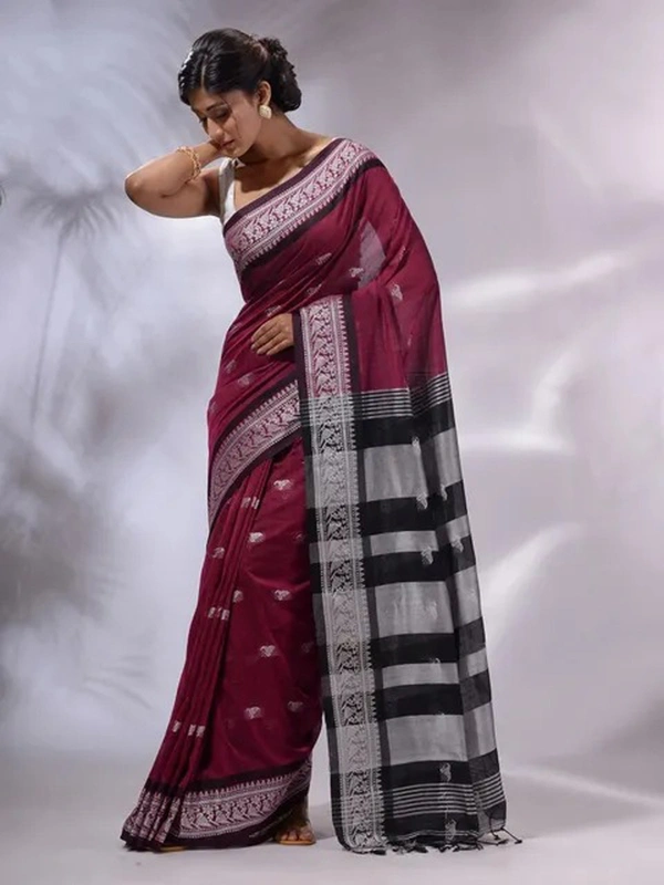 Handloom Woven Floral Work Border Saree - Maroon, Cotton