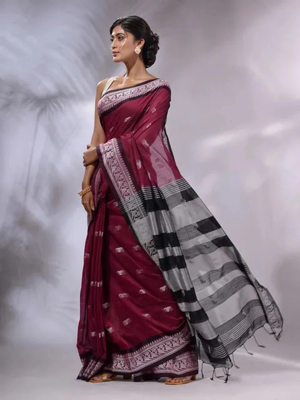 Handloom Woven Floral Work Border Saree - Maroon, Cotton