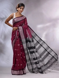 Handloom Woven Floral Work Border Saree - Maroon, Cotton