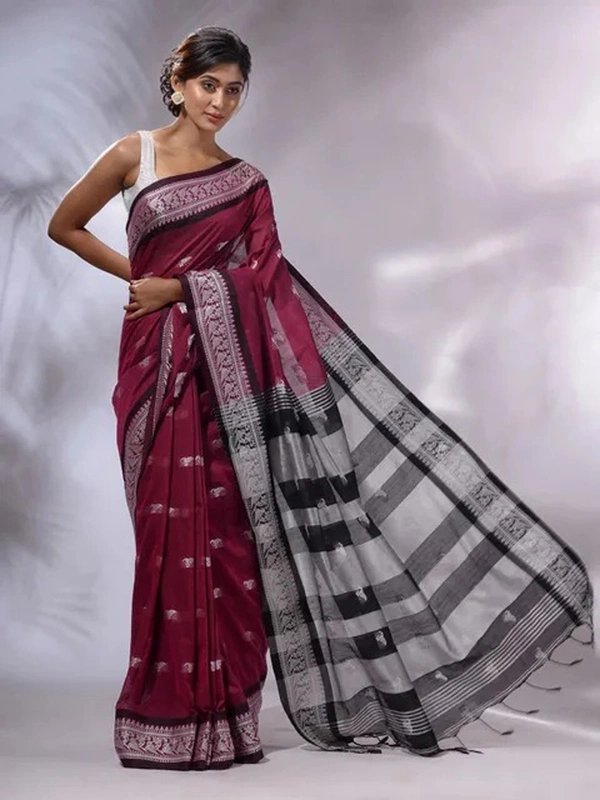 Handloom Woven Floral Work Border Saree - Maroon, Cotton