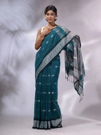 Handloom Woven Floral Work Border Saree - Sea Green, Cotton