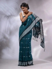 Handloom Woven Floral Work Border Saree - Sea Green, Cotton