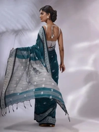 Handloom Woven Floral Work Border Saree - Sea Green, Cotton