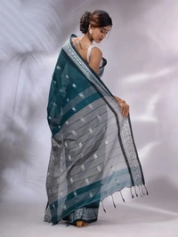 Handloom Woven Floral Work Border Saree - Sea Green, Cotton