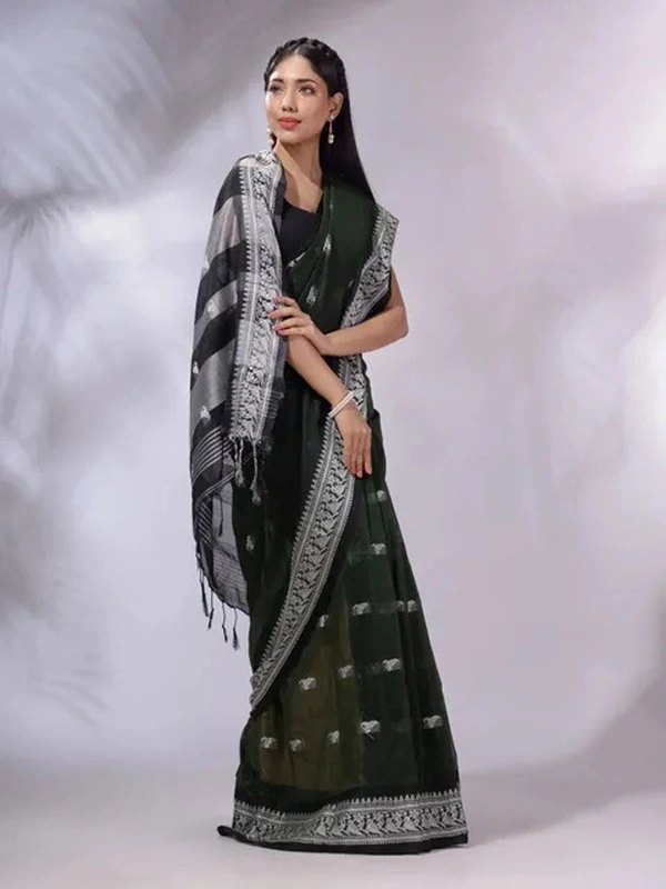Handloom Woven Floral Work Border Saree - Black, Cotton