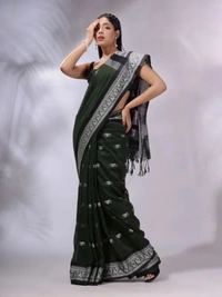 Handloom Woven Floral Work Border Saree - Black, Cotton