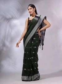 Handloom Woven Floral Work Border Saree - Black, Cotton