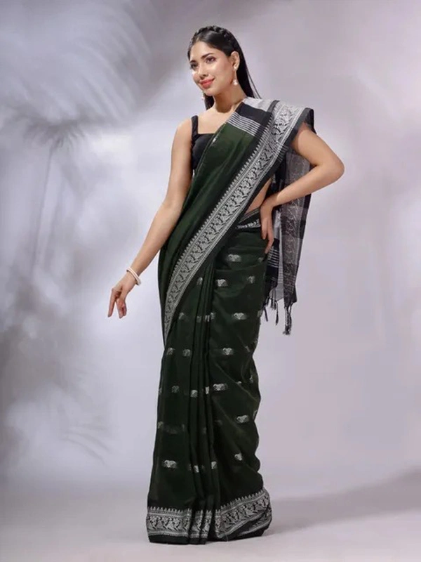 Handloom Woven Floral Work Border Saree - Black, Cotton