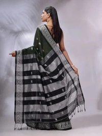 Handloom Woven Floral Work Border Saree - Black, Cotton