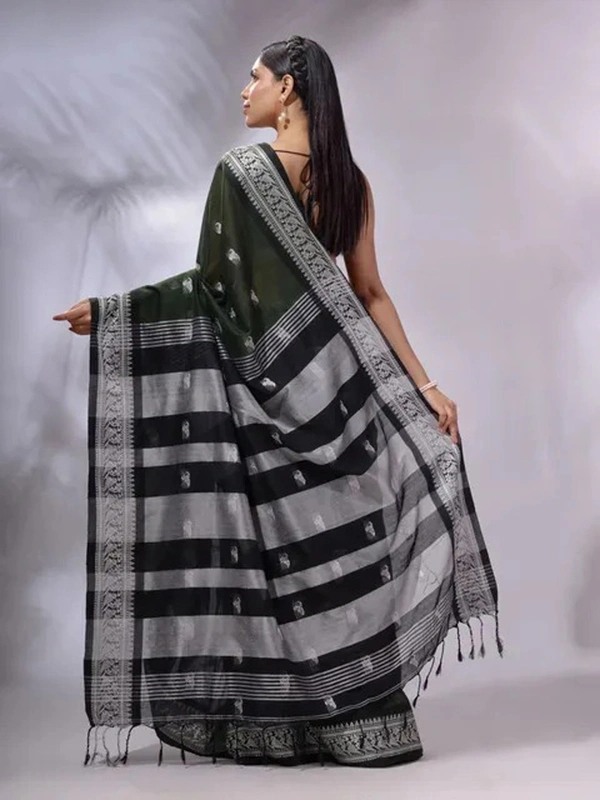 Handloom Woven Floral Work Border Saree - Black, Cotton