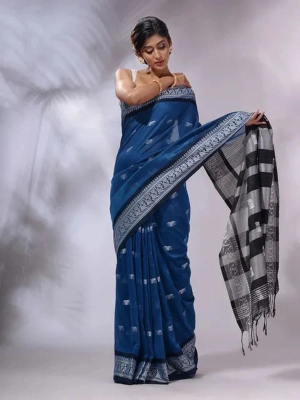 Handloom Woven Floral Work Border Saree - Blue, Cotton