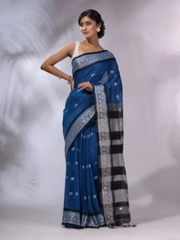 Handloom Woven Floral Work Border Saree - Blue, Cotton