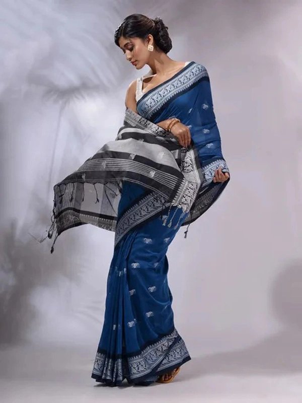 Handloom Woven Floral Work Border Saree - Blue, Cotton