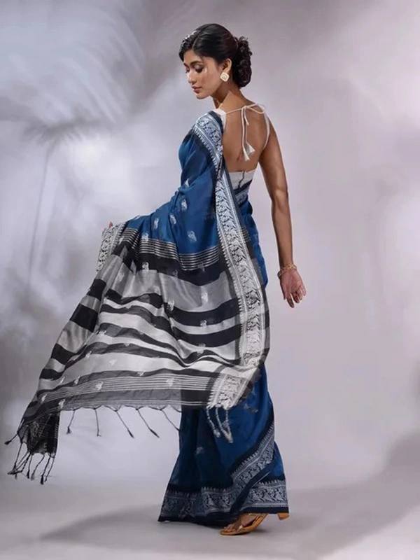 Handloom Woven Floral Work Border Saree - Blue, Cotton