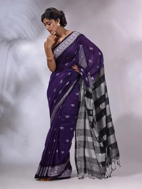 Handloom Woven Floral Work Border Saree - Navy Blue, Cotton