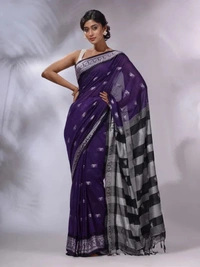 Handloom Woven Floral Work Border Saree - Navy Blue, Cotton