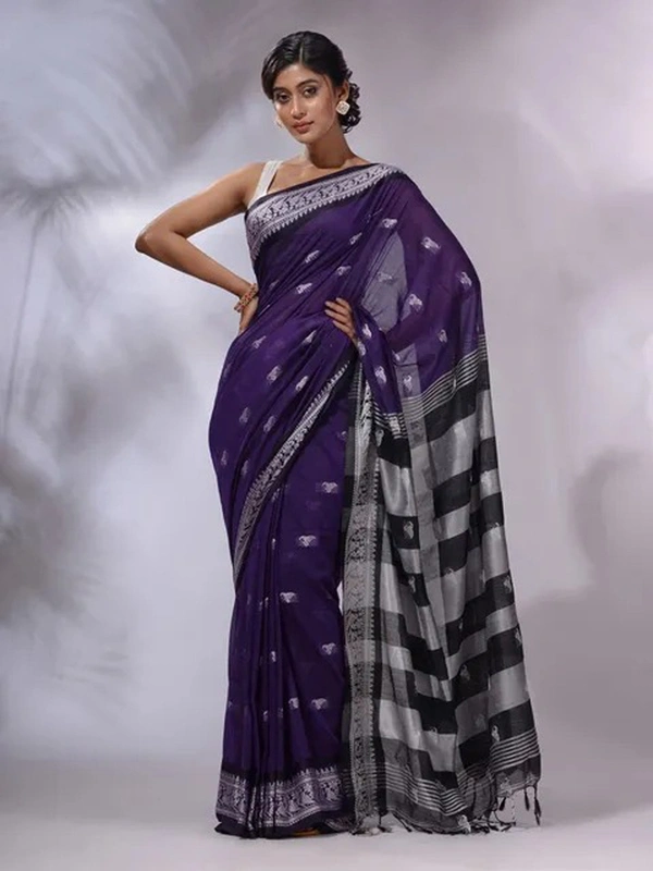 Handloom Woven Floral Work Border Saree - Navy Blue, Cotton