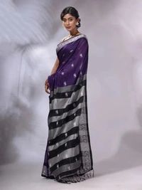 Handloom Woven Floral Work Border Saree - Navy Blue, Cotton