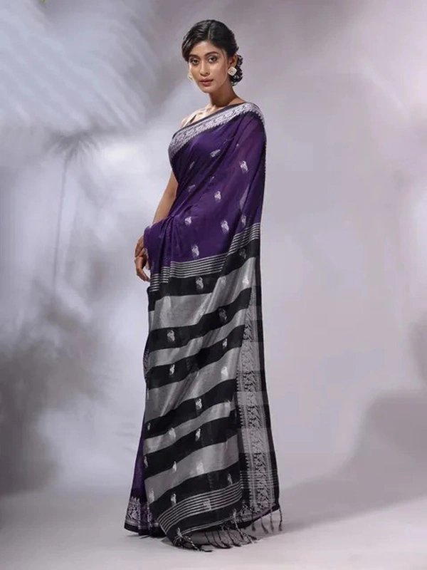 Handloom Woven Floral Work Border Saree - Navy Blue, Cotton