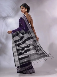 Handloom Woven Floral Work Border Saree - Navy Blue, Cotton
