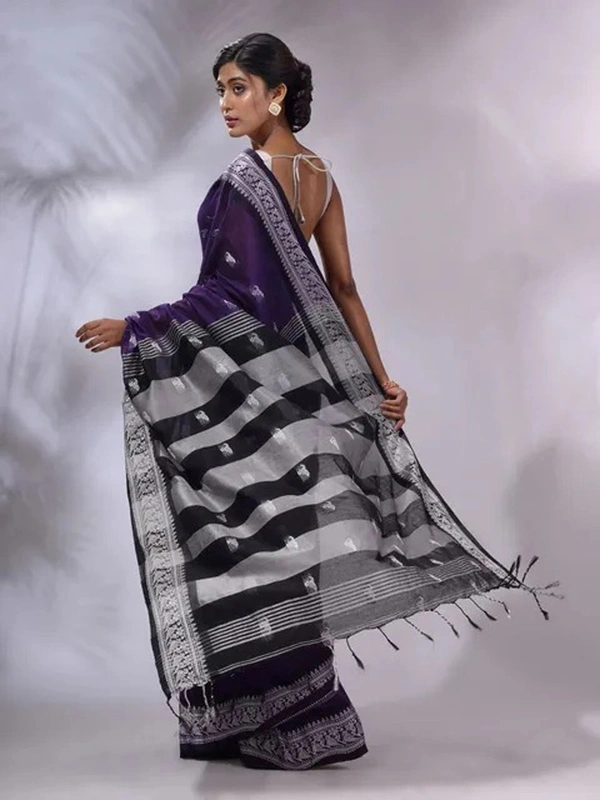 Handloom Woven Floral Work Border Saree - Navy Blue, Cotton
