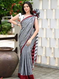 Handloom Multicolored Strips Pallu Saree - Silver, Cotton, Cotton (CK)