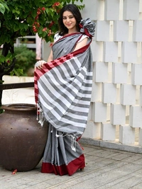 Handloom Multicolored Strips Pallu Saree - Silver, Cotton, Cotton (CK)