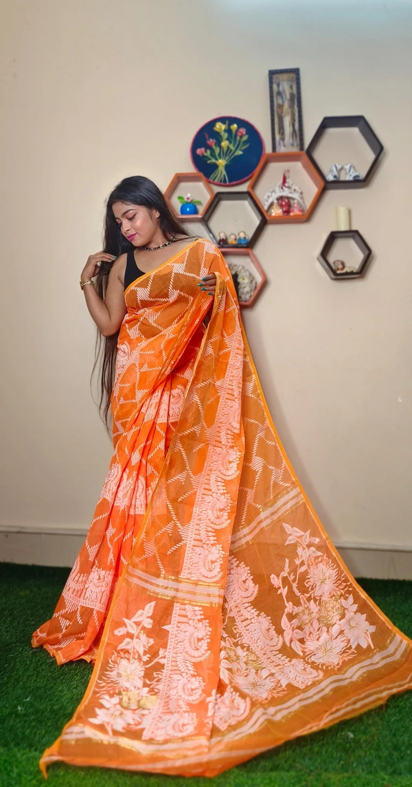 Handloom Traditional Woven Soft Jamdani - Orange