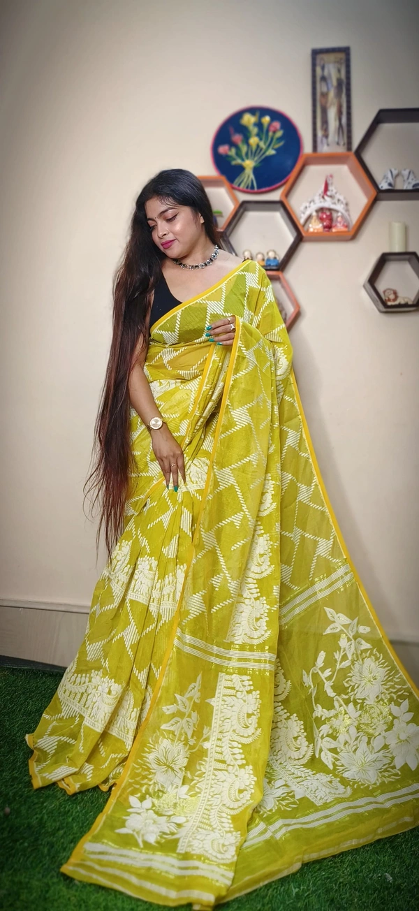 Handloom Traditional Woven Soft Jamdani - Lime Green