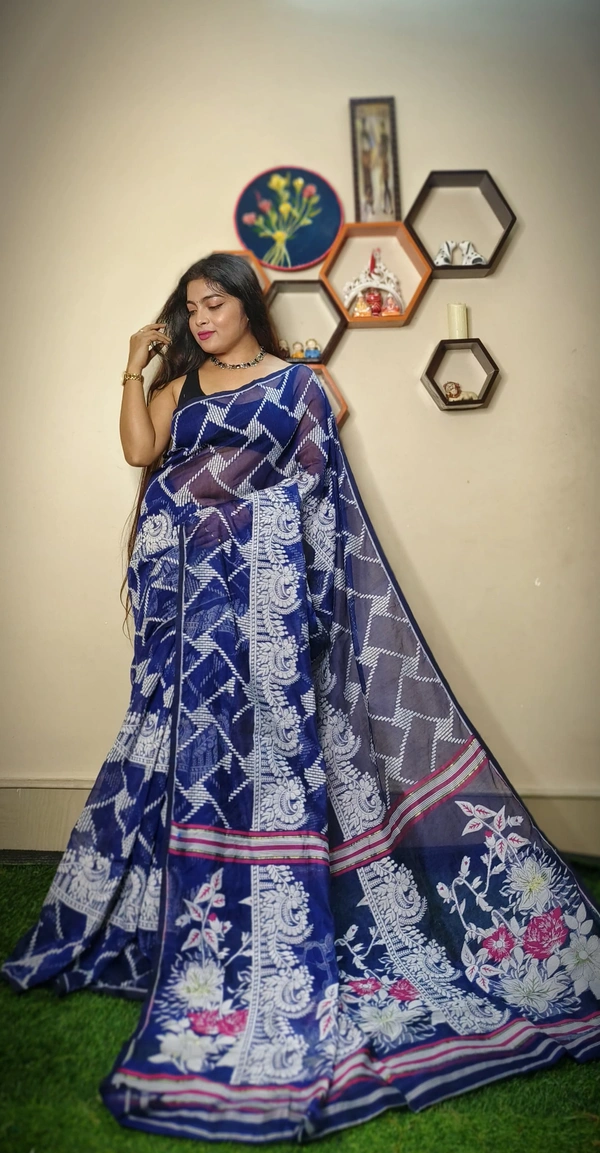 Handloom Traditional Woven Soft Jamdani - Navy Blue