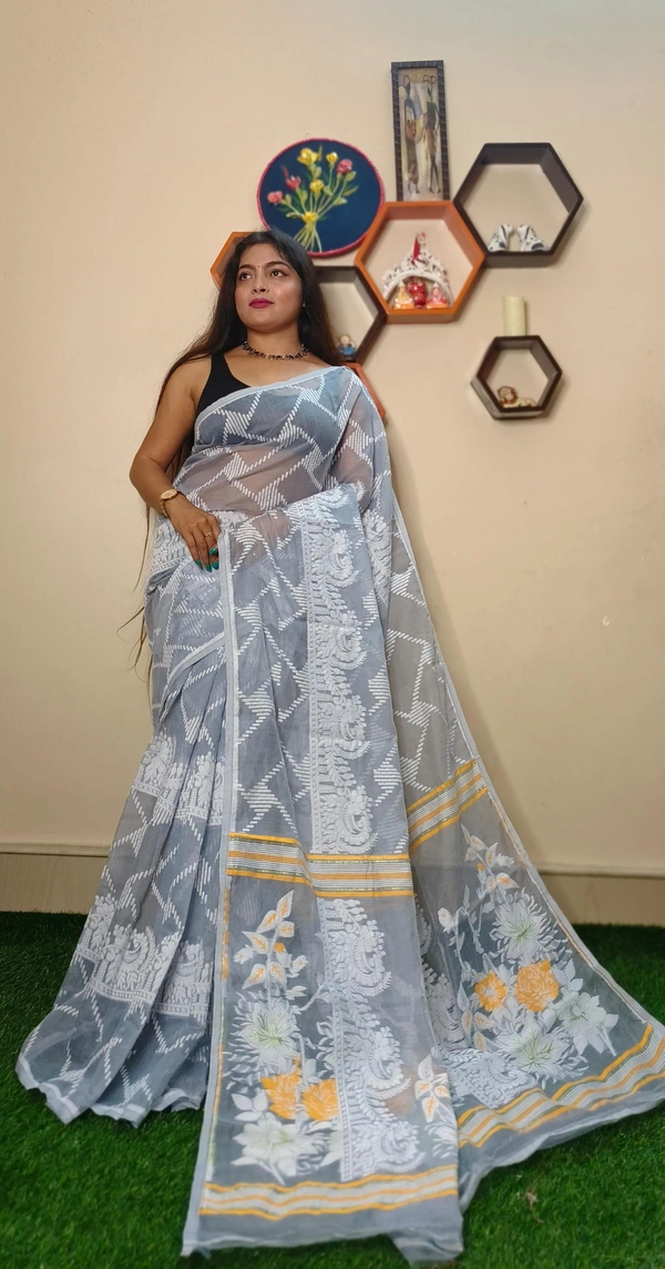 Handloom Traditional Woven Soft Jamdani - Silver