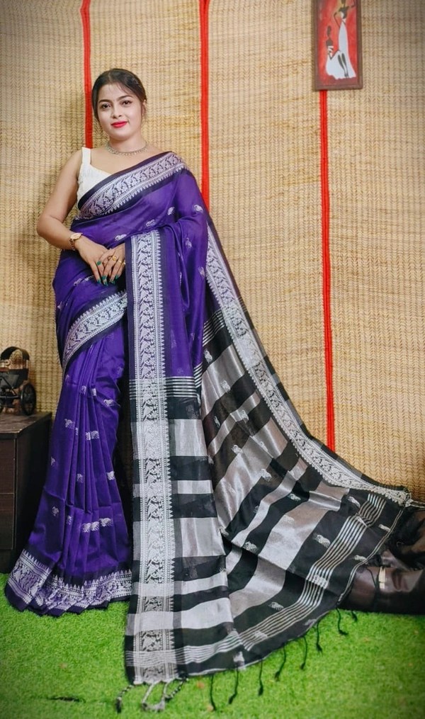 Handloom Woven Floral Work Border Saree - Blue, Cotton, Cotton (CK)