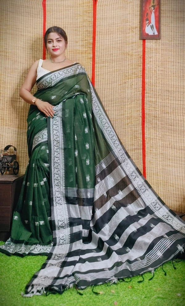 Handloom Woven Floral Work Border Saree - Dark Green, Cotton, Cotton (CK)