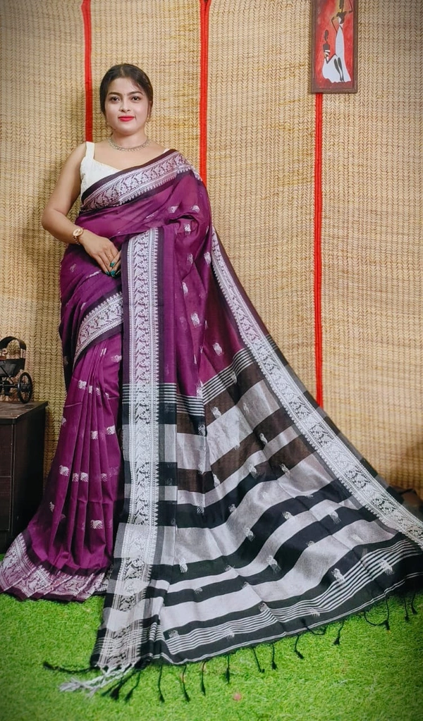 Handloom Woven Floral Work Border Saree - Purple, Cotton, Cotton (CK)