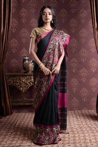 Handloom Multi Mina Begampuri Work Saree - Black, Cotton (CK)