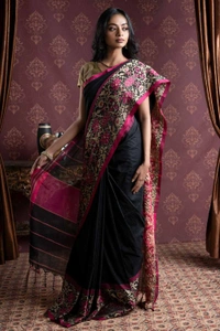 Handloom Multi Mina Begampuri Work Saree - Black, Cotton (CK)