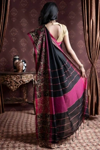 Handloom Multi Mina Begampuri Work Saree - Black, Cotton (CK)