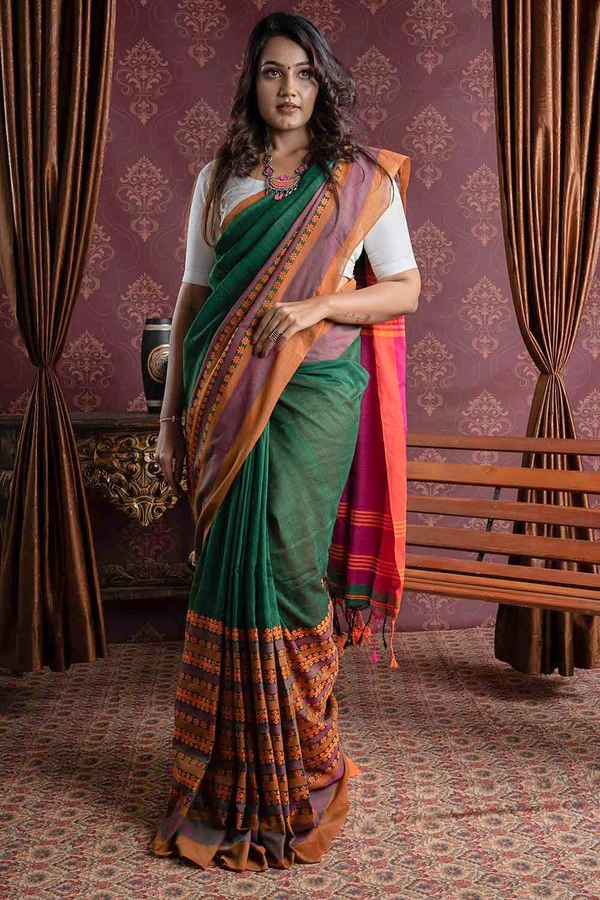 Handloom Begampuri Work Cotton Saree - Japanese Laurel, Cotton (CK)